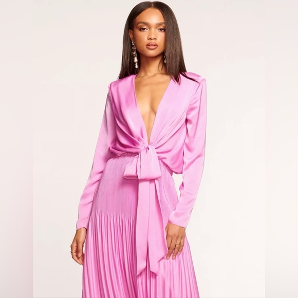 NEW Ramy Brook Zaylee Knotted Bodice Pleated Gown Sz S Pink Plunging Neckline - Picture 2 of 11